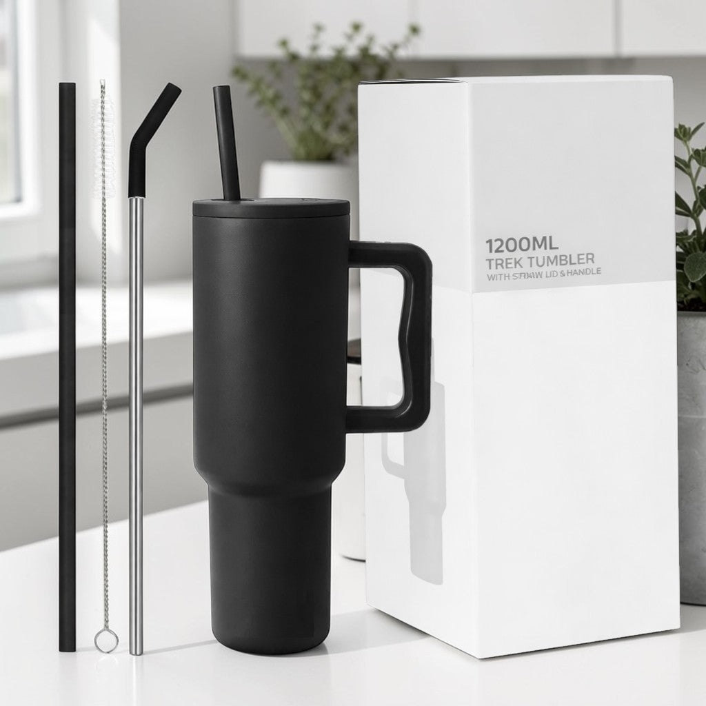 Matte Stainless Steel Insulated Tumbler with Handle & Straw – 1.2L