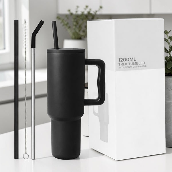 Matte Stainless Steel Insulated Tumbler with Handle & Straw – 1.2L