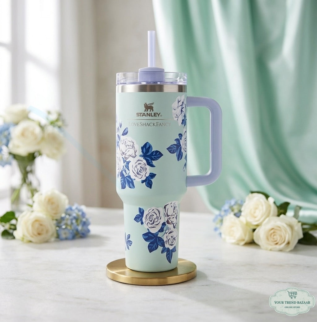 Stainless Steel Flower Stanley Style Tumbler, 1200 ml (40 oz)