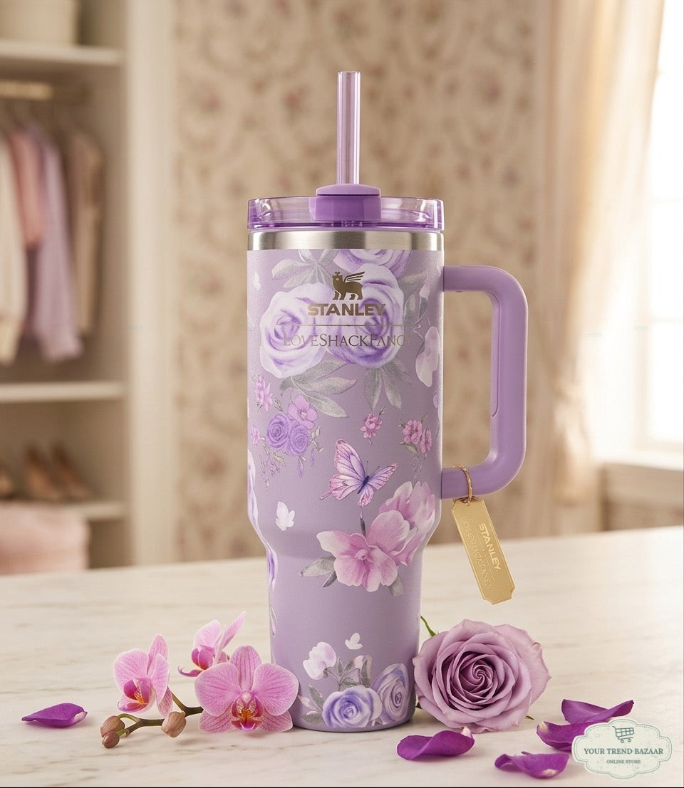 Stainless Steel Flower Stanley Style Tumbler, 1200 ml (40 oz)