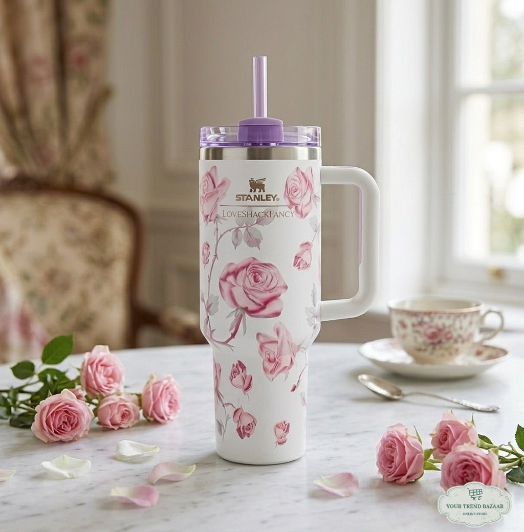 Stainless Steel Flower Stanley Style Tumbler, 1200 ml (40 oz)