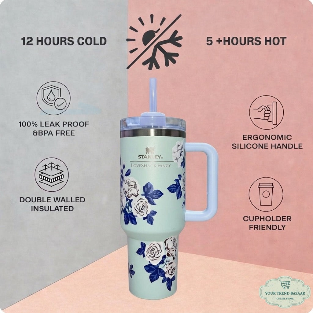 Stainless Steel Flower Stanley Style Tumbler, 1200 ml (40 oz)
