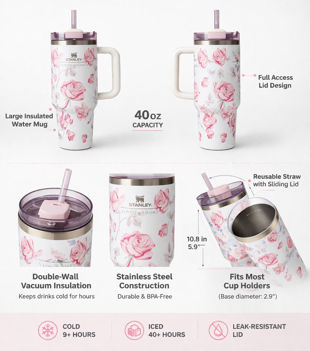Stainless Steel Flower Stanley Style Tumbler, 1200 ml (40 oz)