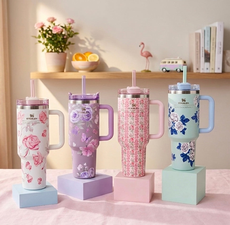 Stainless Steel Flower Stanley Style Tumbler, 1200 ml (40 oz)
