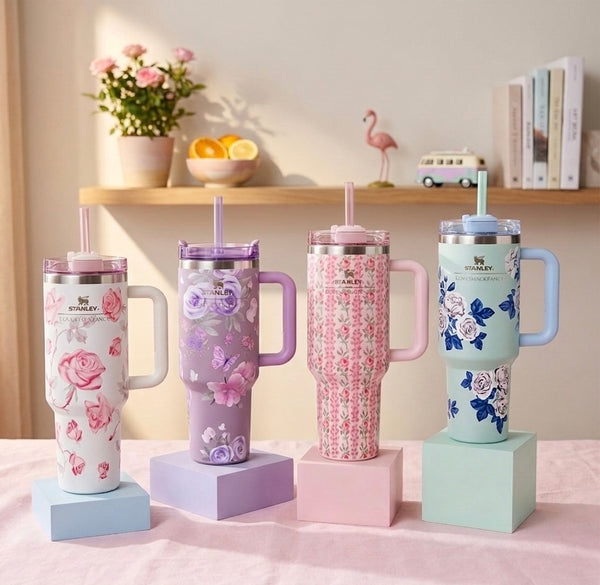 Stainless Steel Flower Stanley Style Tumbler, 1200 ml (40 oz)