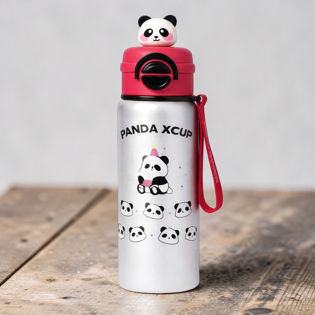 Cute Panda Insulated Water Bottle with Straw & Strap – Leakproof Kids Bottle