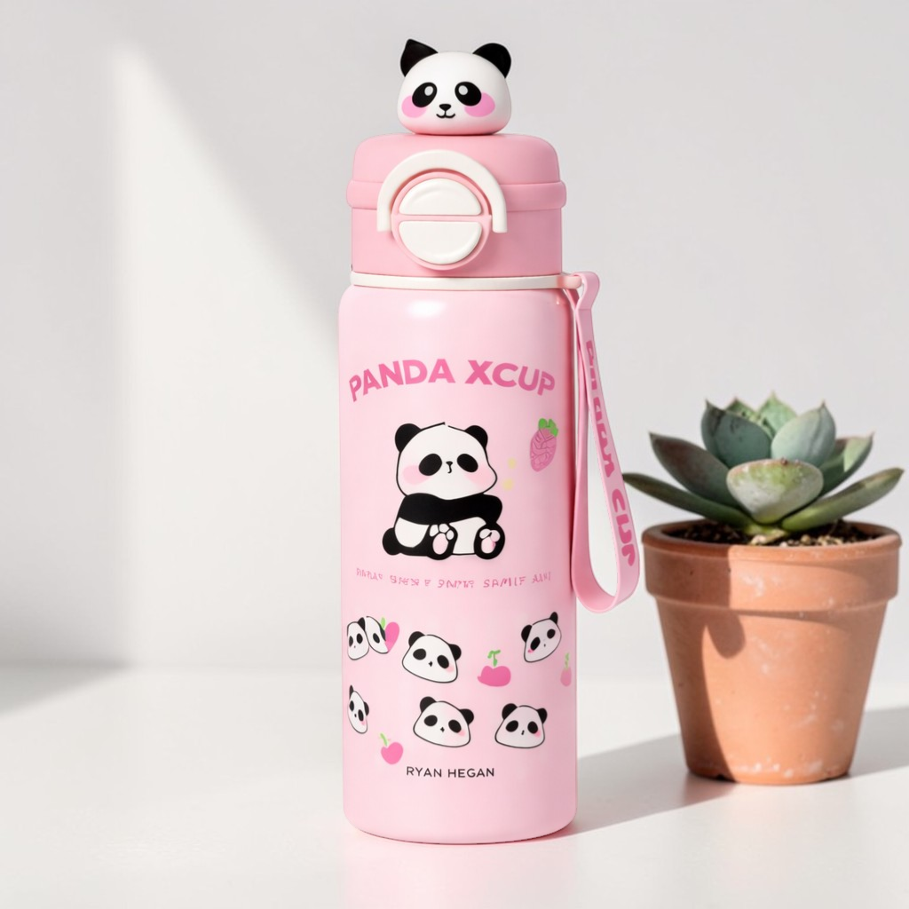 Cute Panda Insulated Water Bottle with Straw & Strap – Leakproof Kids Bottle