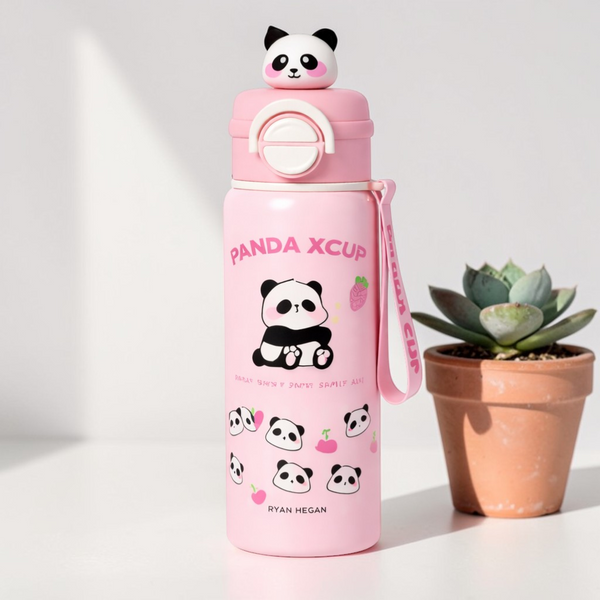Cute Panda Insulated Water Bottle with Straw & Strap – Leakproof Kids Bottle