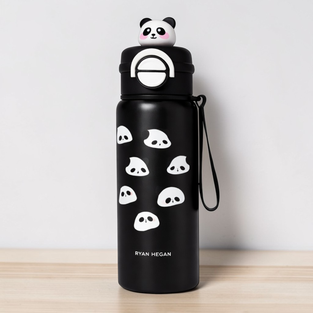 Cute Panda Insulated Water Bottle with Straw & Strap – Leakproof Kids Bottle