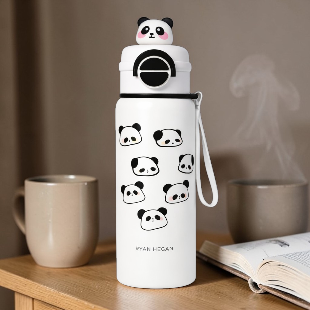 Cute Panda Insulated Water Bottle with Straw & Strap – Leakproof Kids Bottle
