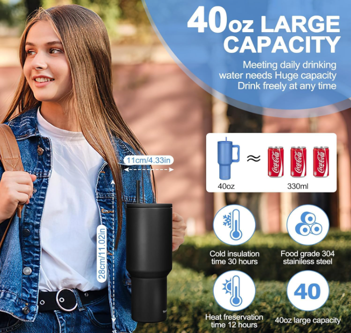 Matte Stainless Steel Insulated Tumbler with Handle & Straw – 1.2L
