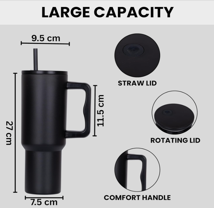 Matte Stainless Steel Insulated Tumbler with Handle & Straw – 1.2L